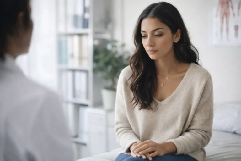 Woman sitting in a medical office during a cervical health consultation